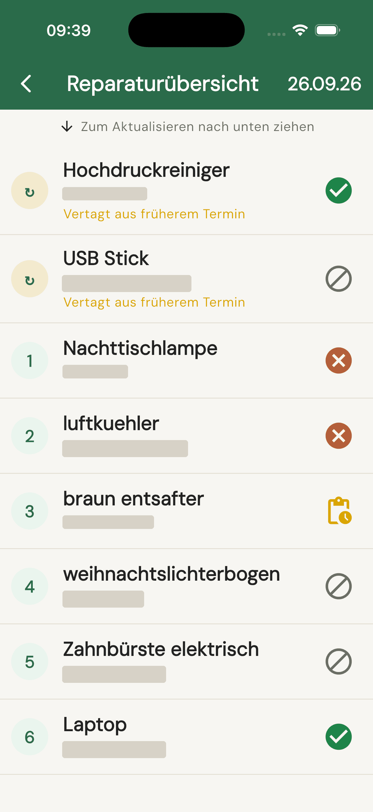 Reparaturübersicht mit dokumentierten Ergebnissen